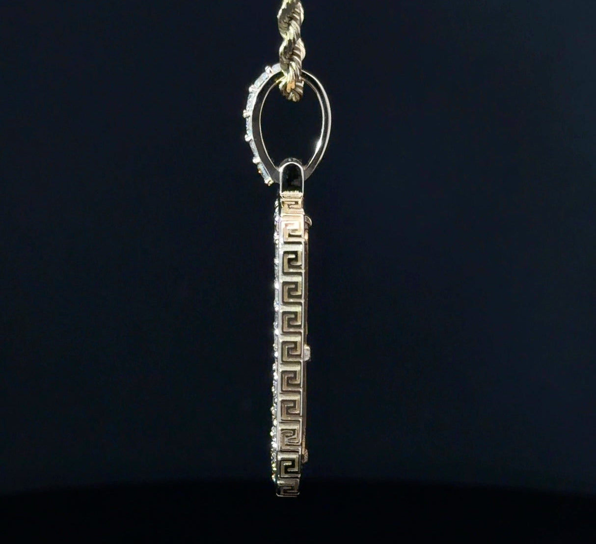 Custom 14k 5g pamp bezel greek key sides