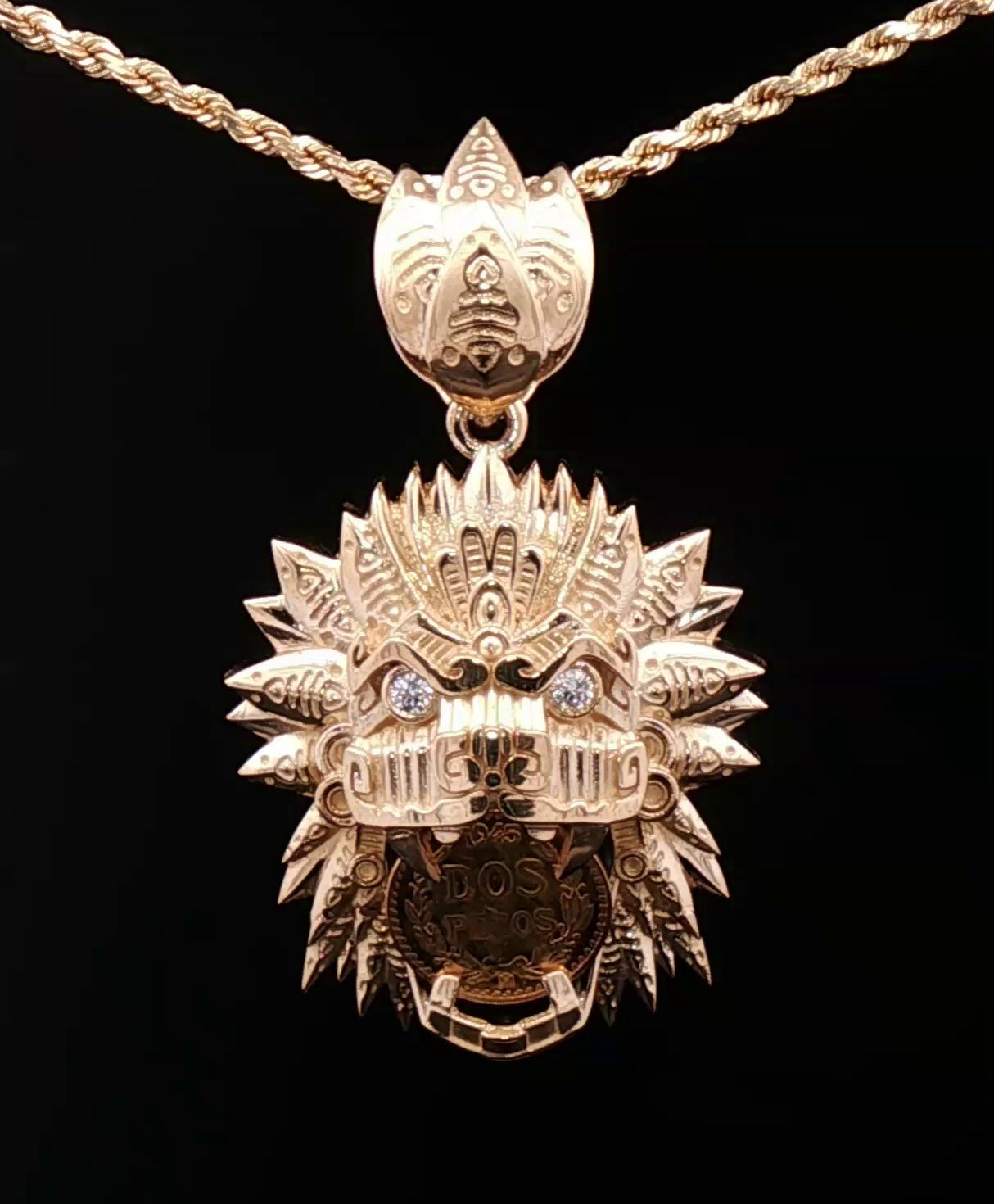 Custom 14k Quetzalcoatl dos pesos pendant