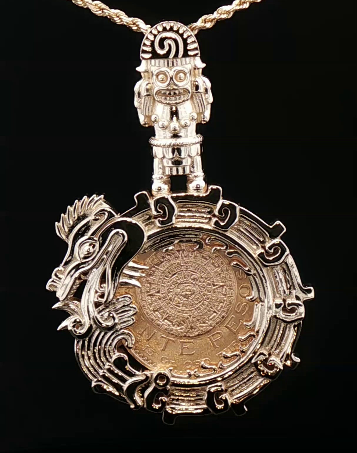 14k custom Tlaloc bail Quetzalcoatl bezel for 20 pesos coin