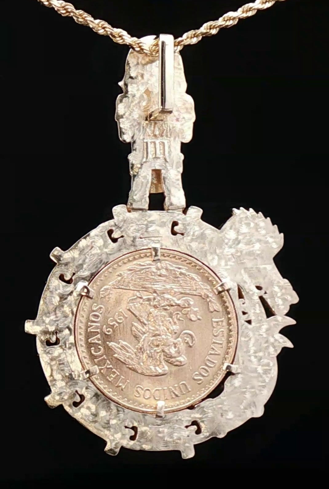 14k custom Tlaloc bail Quetzalcoatl bezel for 20 pesos coin