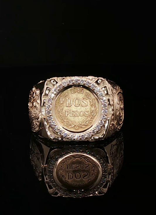 Custom 14k Dos pesos coin Ring eagle & aztec sides