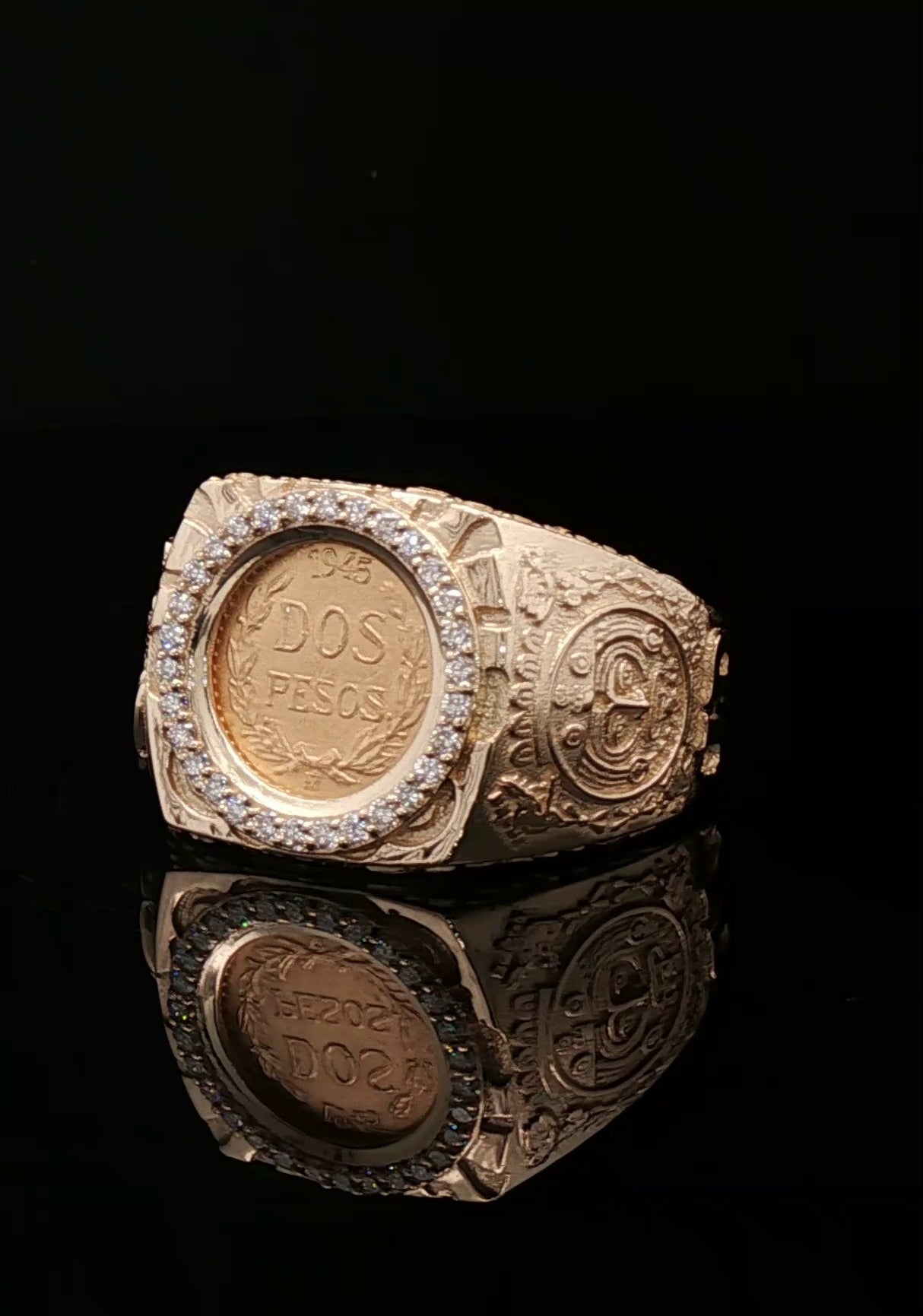 Custom 14k Dos pesos coin Ring eagle & aztec sides