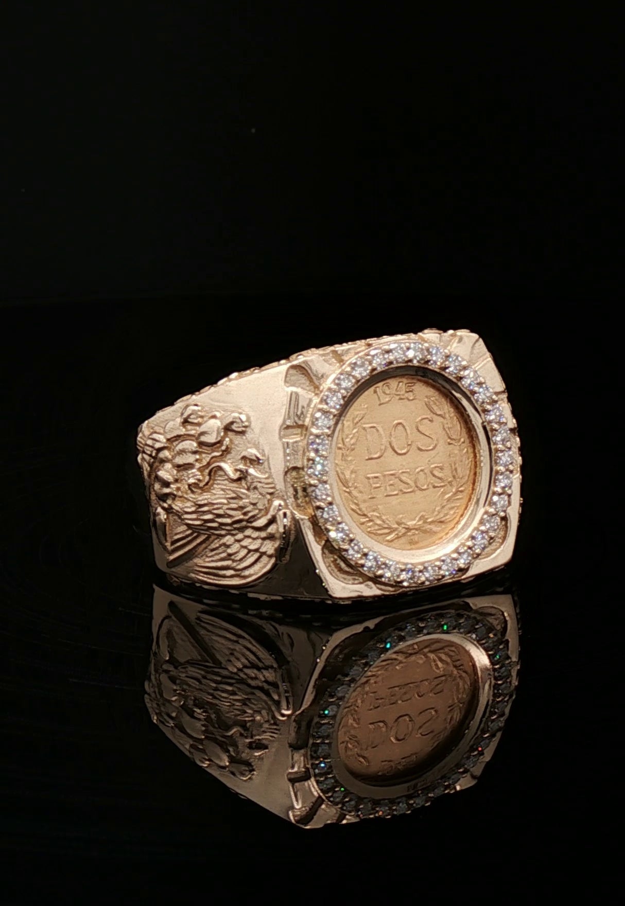 Custom 14k Dos pesos coin Ring eagle & aztec sides