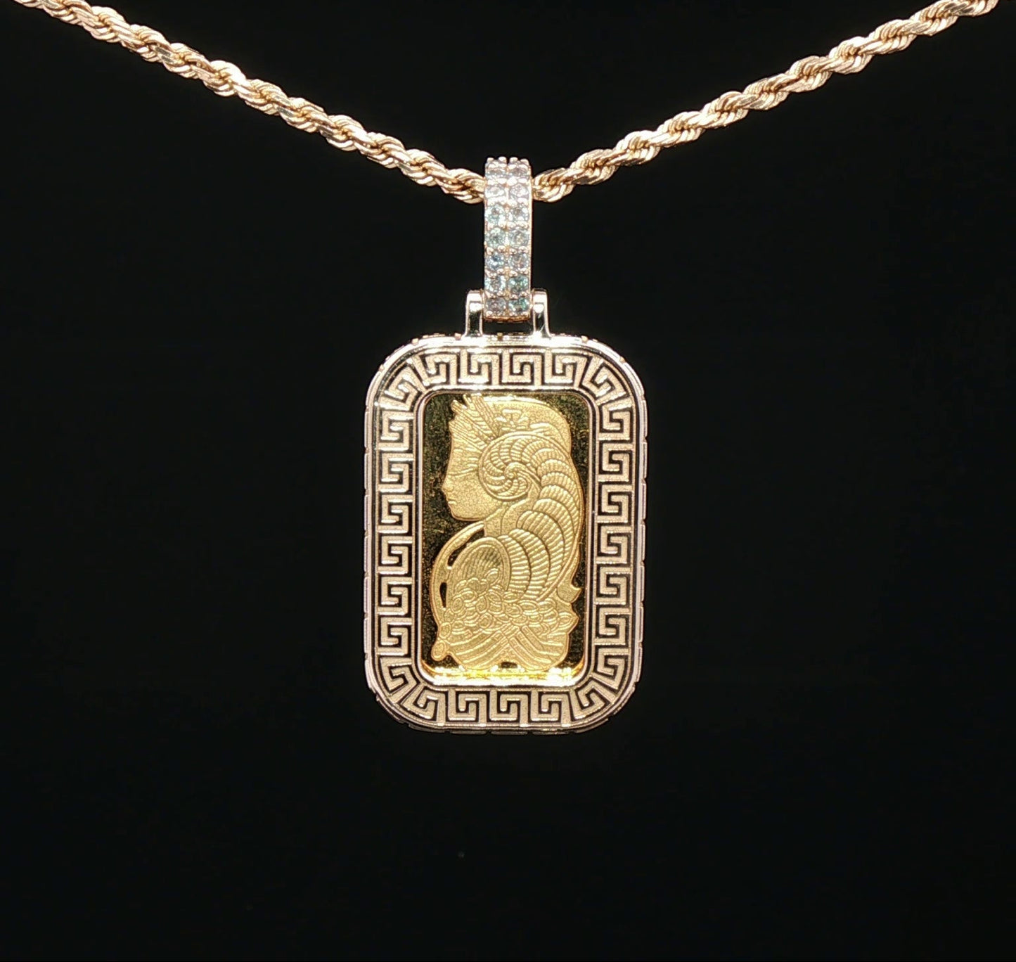 Custom 14k Greek Key 5g Pamp bezel with diamond bail