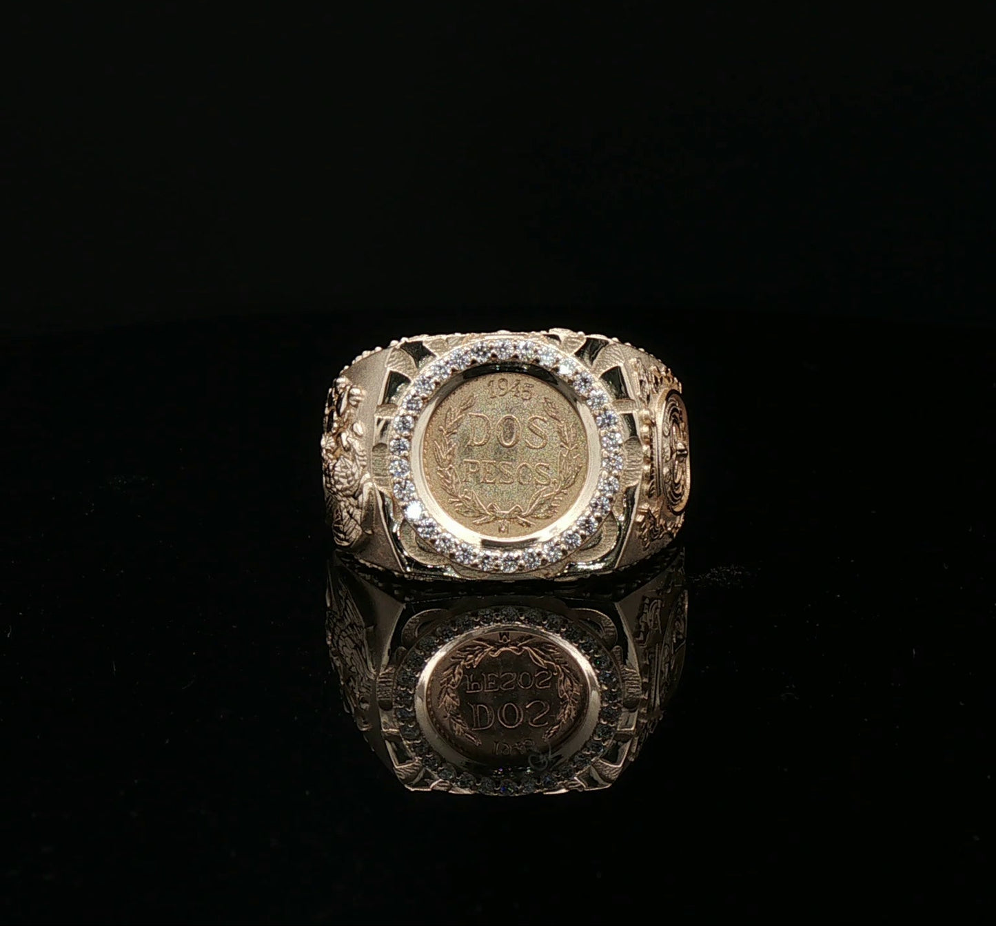 Custom 14k Dos pesos coin Ring eagle & aztec sides