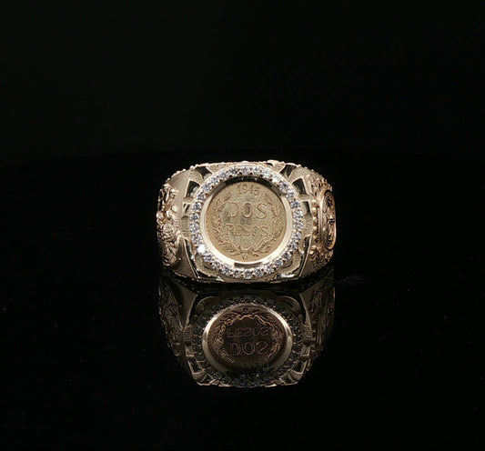 Custom 14k Dos pesos coin Ring eagle & aztec sides