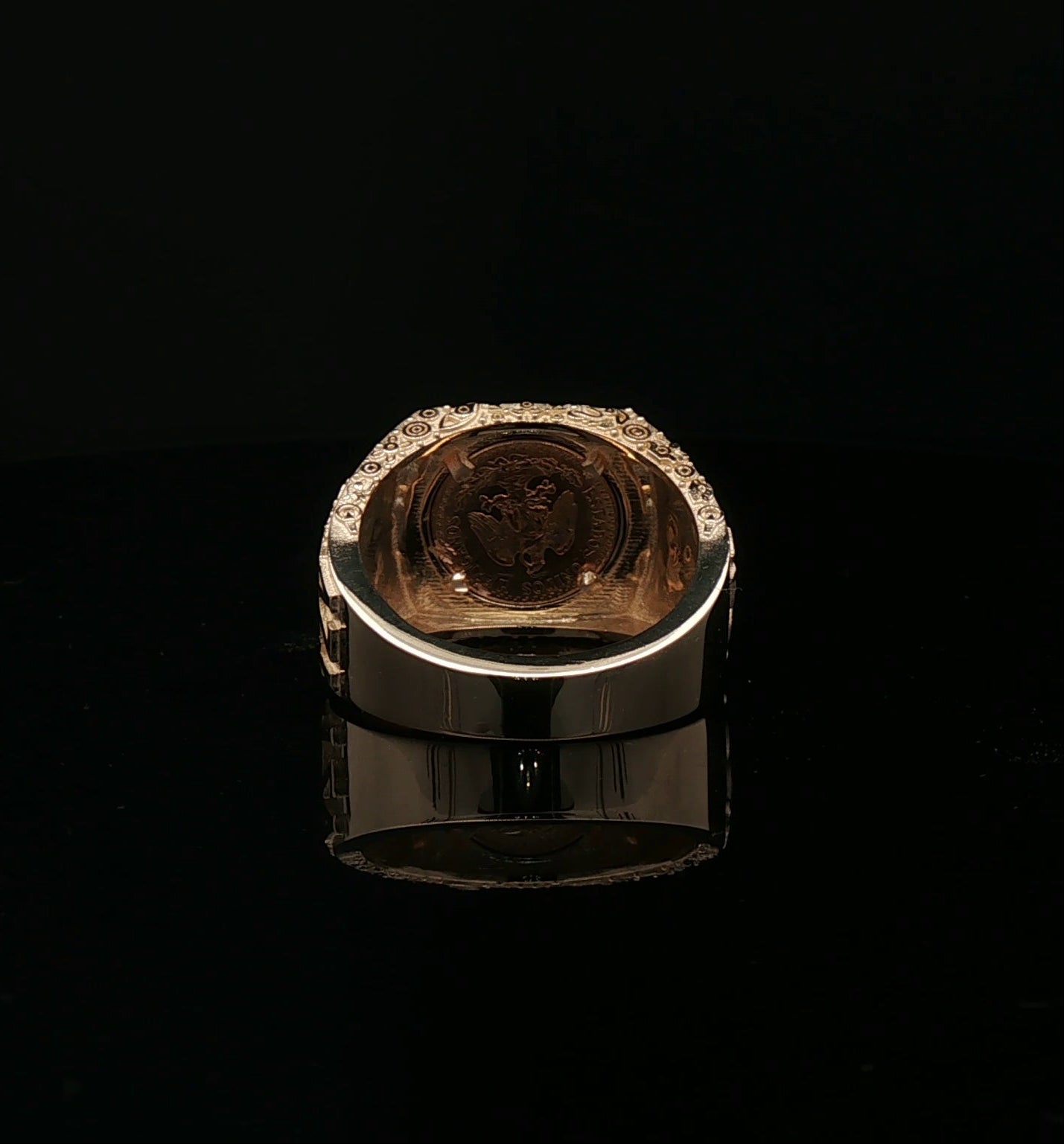 Custom 14k Dos pesos coin Ring eagle & aztec sides