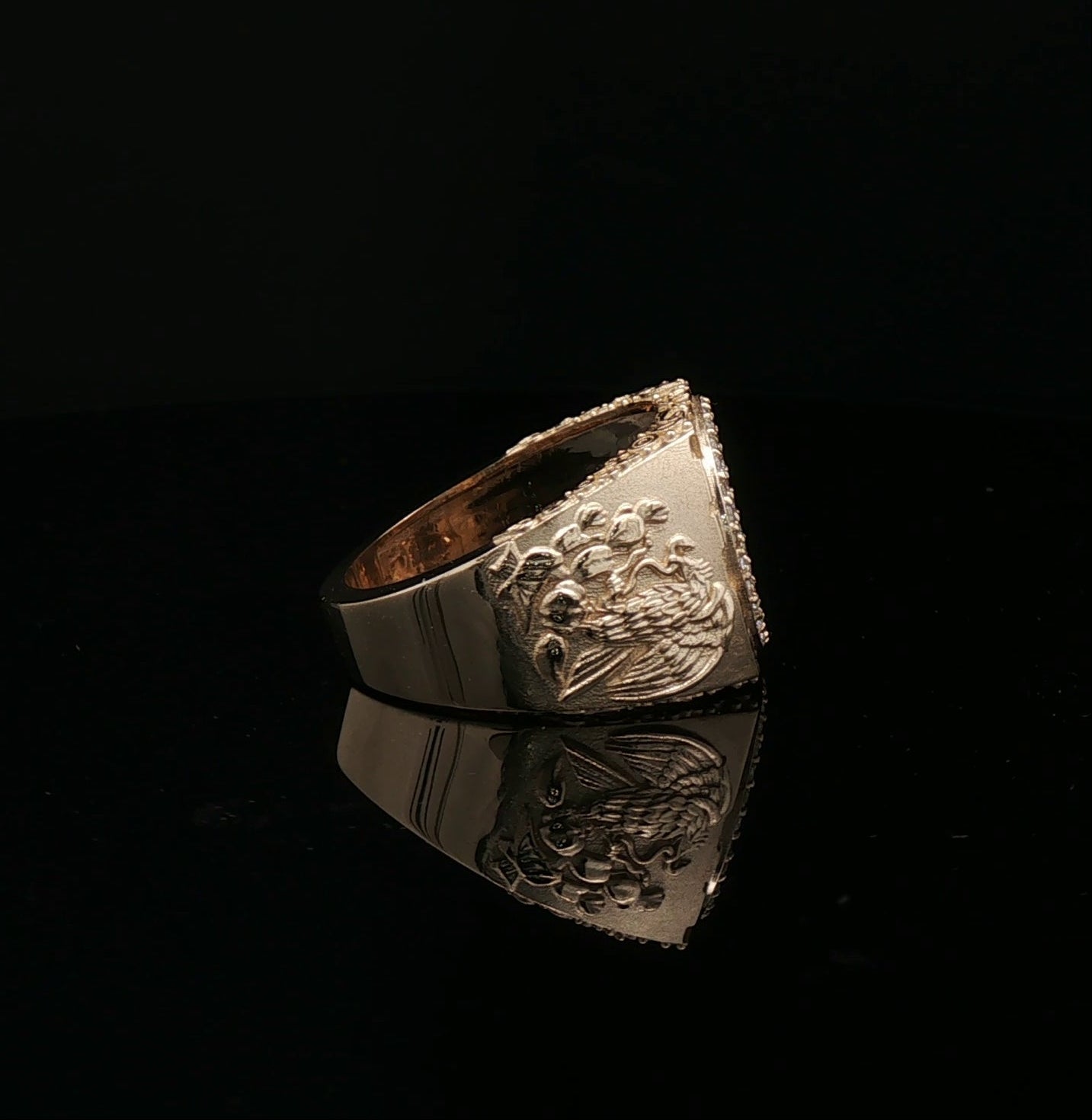 Custom 14k Dos pesos coin Ring eagle & aztec sides