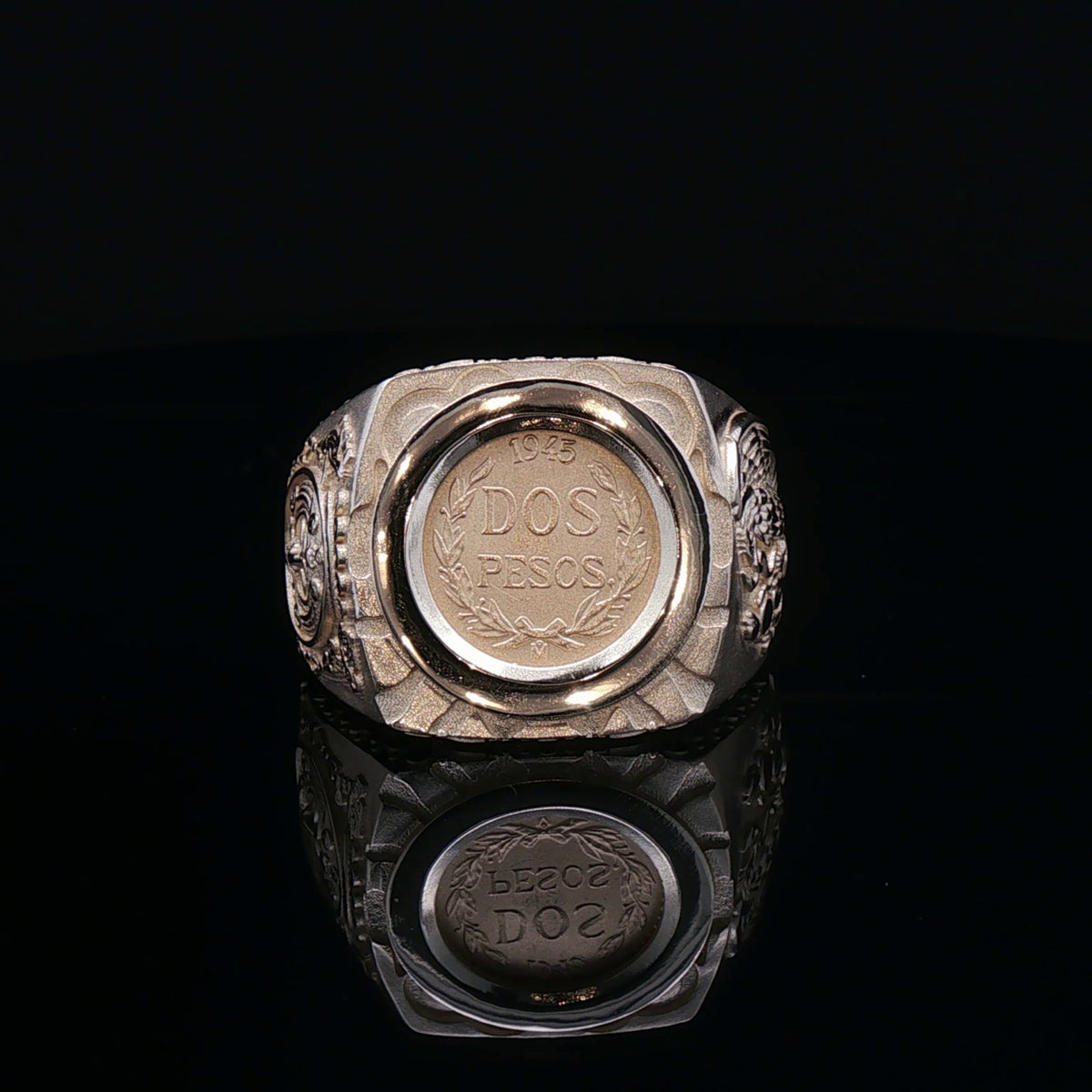 Custom 14k Dos pesos coin Ring eagle & aztec sides
